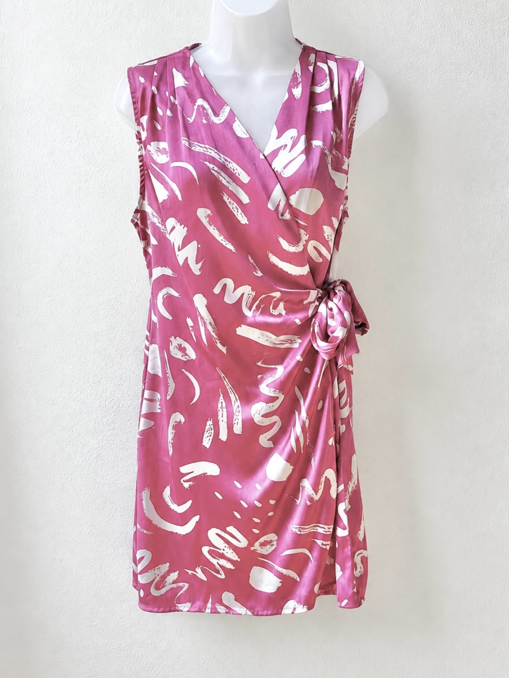 Elan Pink and White Abstract Satin Wrap Mini Dress Large